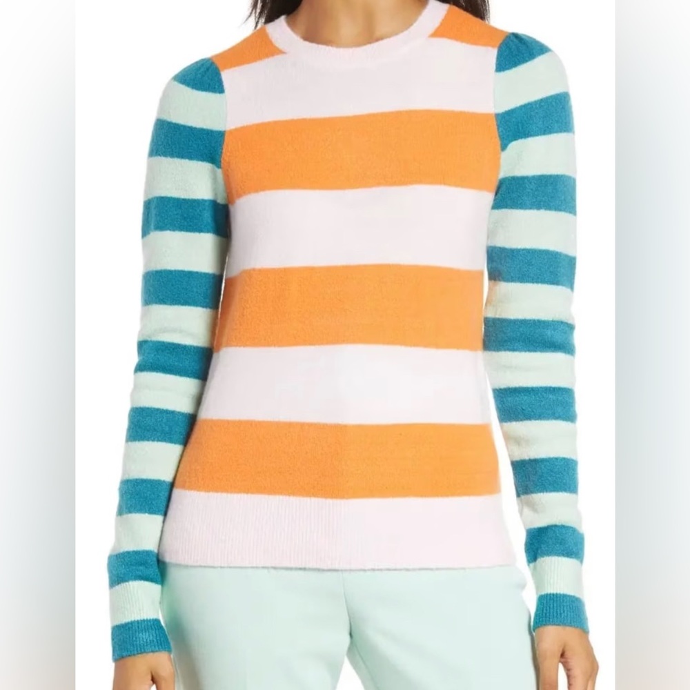Halogen Atlantic Pacific Mix Stripe Puff Sleeve Sweater